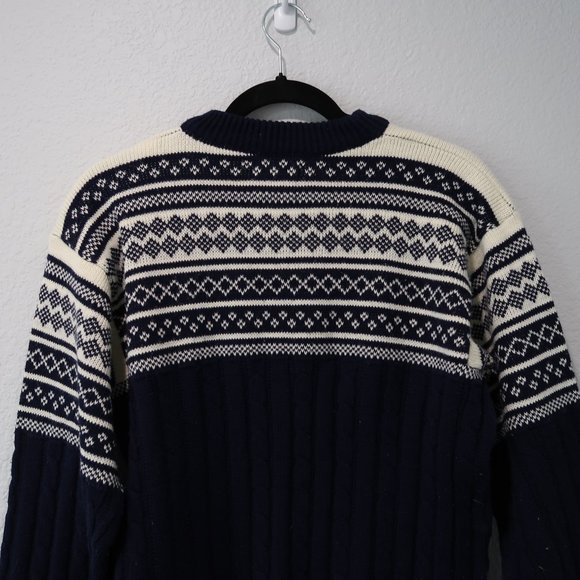 JCPenney Sweater Vintage Mens Knit Top Fair Isle Retro Crewneck Blue White M - Picture 11 of 14